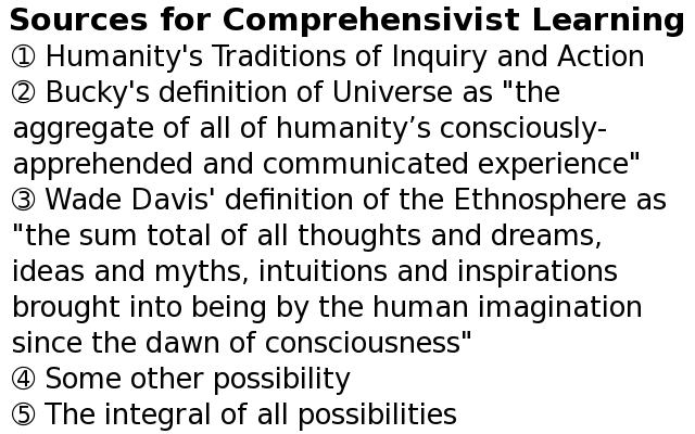 Sources for Comprehensivist Learning ➀ Humanity's Traditions of Inquiry and Action ➁ Bucky's definition of Universe as "the aggregate of all of humanity’s consciously-apprehended and communicated experience" ➂ Wade Davis' definition of the Ethnosphere as "the sum total of all thoughts and dreams, ideas and myths, intuitions and inspirations brought into being by the human imagination since the dawn of consciousness" ➃ Some other possibility ➄ The integral of all possibilities